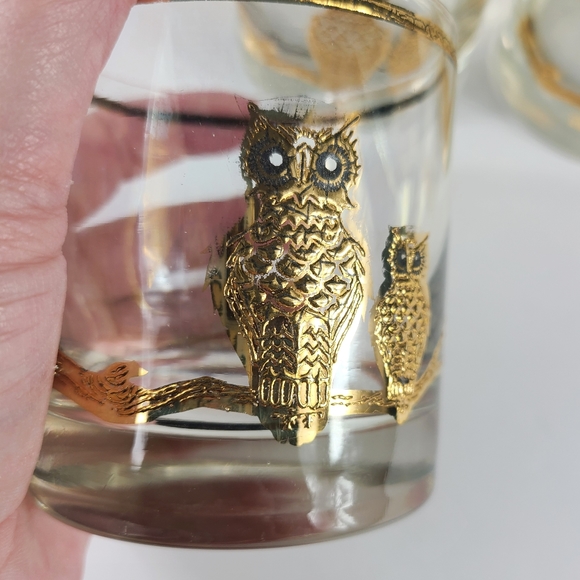 MID CENTURY VINTAGE LOW BALL GLASSES GOLD LEAF WITH OWLS SET OF 8 - Picture 4 of 13